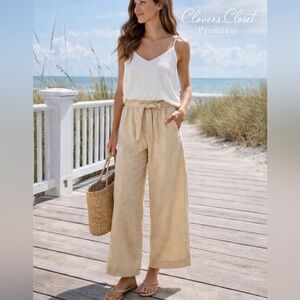 Beige Wide Leg Cotton Pants Size L Elastic Waist Tie